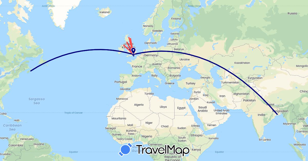 TravelMap itinerary: driving, hiking in Canada, United Kingdom, India (Asia, Europe, North America)